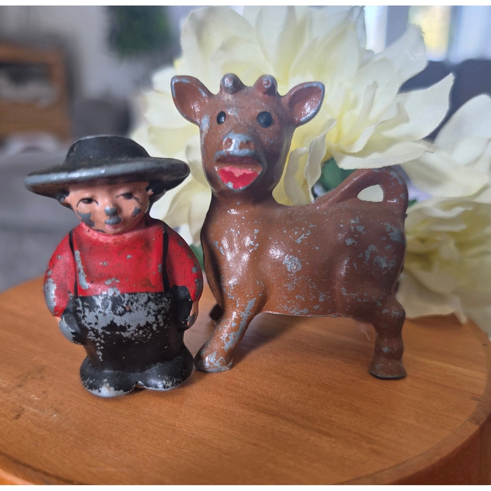 Vintage Amish Boy & Cow Salt Pepper Shakers Cast Metal Farmhouse Set